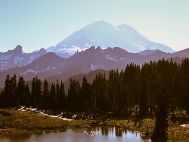 The Tipsoo Lake area has some of the best vantage points for photographing Mt. Rainier. This picture of the mountain surrounded by the Alpine forest, was taken approximately an hour before the sunset.