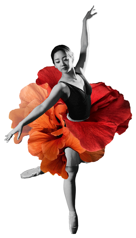Ballet dancer in a black leotard on pointe, performing an arabesque with large orange-red petals behind her.